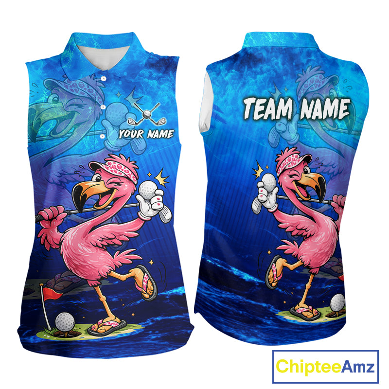 Personalized Flamingo Womens Sleeveless Golf Polo Shirt Custom Name And Team Royal Blue Funny Ocean Tropical Golf Outfit NHT1236