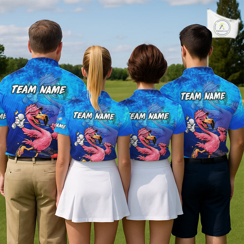 Personalized Flamingo Womens Golf Polo Shirt Custom Name And Team Royal Blue Funny Ocean Tropical Golf Outfit NHT1236