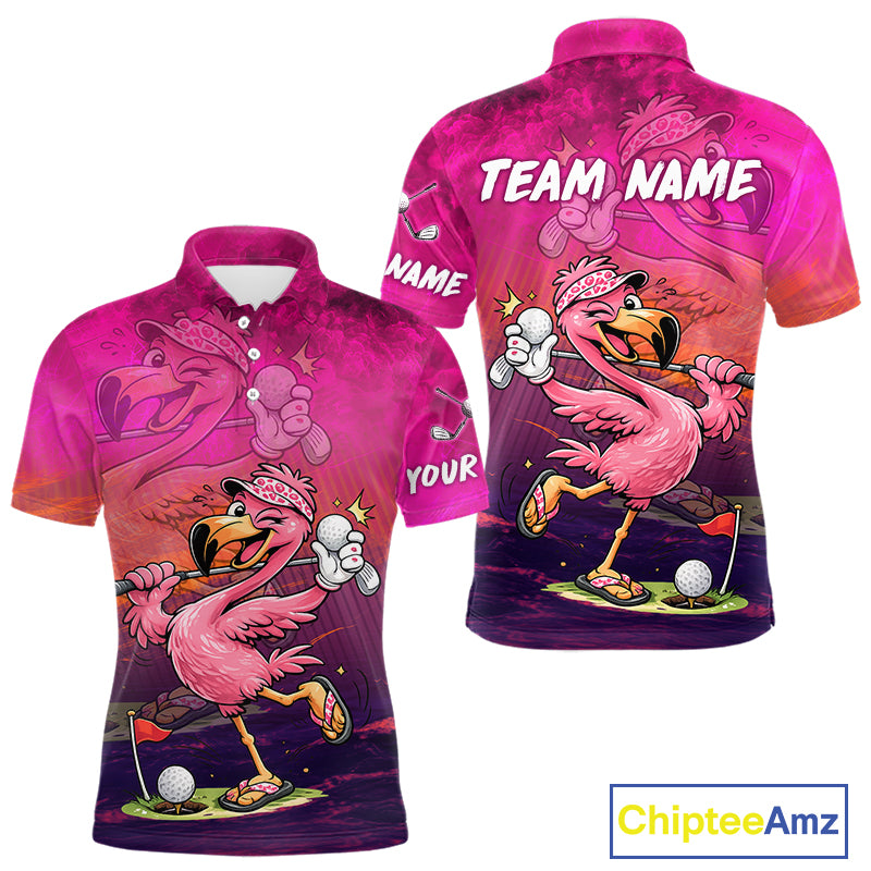 Personalized Flamingo Mens Golf Polo Shirt Custom Name And Team Hot Pink Funny Tropical Golf Outfit NHT1237