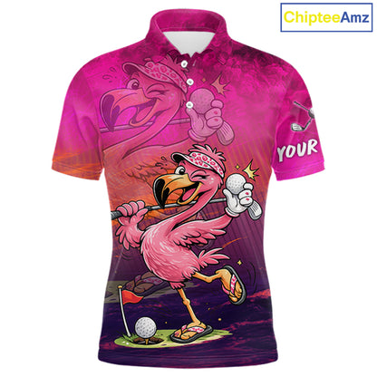 Personalized Flamingo Mens Golf Polo Shirt Custom Name And Team Hot Pink Funny Tropical Golf Outfit NHT1237