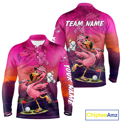 Personalized Flamingo Mens Golf Polo Shirt Custom Name And Team Hot Pink Funny Tropical Golf Outfit NHT1237