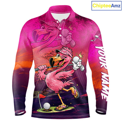 Personalized Flamingo Mens Golf Polo Shirt Custom Name And Team Hot Pink Funny Tropical Golf Outfit NHT1237