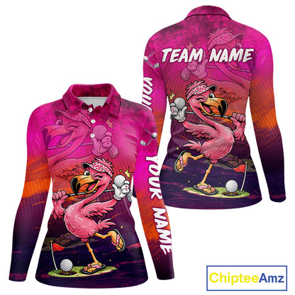 Personalized Flamingo Womens Golf Polo Shirt Custom Name And Team Hot Pink Funny Tropical Golf Outfit NHT1237