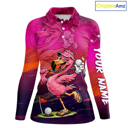 Personalized Flamingo Womens Golf Polo Shirt Custom Name And Team Hot Pink Funny Tropical Golf Outfit NHT1237