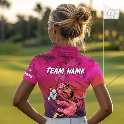 Personalized Flamingo Womens Golf Polo Shirt Custom Name And Team Hot Pink Funny Tropical Golf Outfit NHT1237