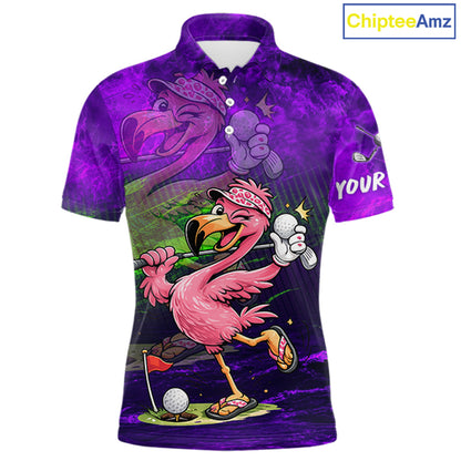 Personalized Flamingo Mens Golf Polo Shirt Custom Name And Team Purple Funny Tropical Golf Outfit NHT1238