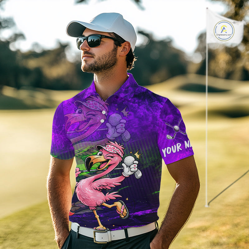 Personalized Flamingo Mens Golf Polo Shirt Custom Name And Team Purple Funny Tropical Golf Outfit NHT1238