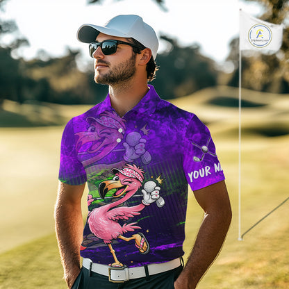 Personalized Flamingo Mens Golf Polo Shirt Custom Name And Team Purple Funny Tropical Golf Outfit NHT1238
