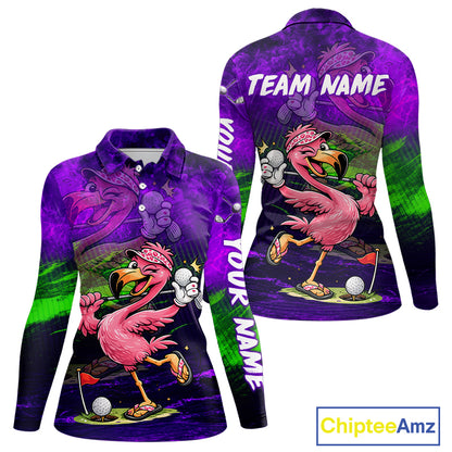 Personalized Flamingo Womens Golf Polo Shirt Custom Name And Team Purple Funny Tropical Golf Outfit NHT1238