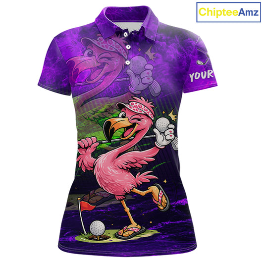 A women's short-sleeve polo shirt with a vibrant purple and black gradient background featuring a cartoon flamingo playing golf. The shirt has a purple collar, white buttons, and 'YOUR' printed on the left chest, with a 'ChipteeAmz' logo in the top right corner.