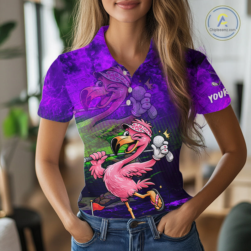 Personalized Flamingo Womens Golf Polo Shirt Custom Name And Team Purple Funny Tropical Golf Outfit NHT1238