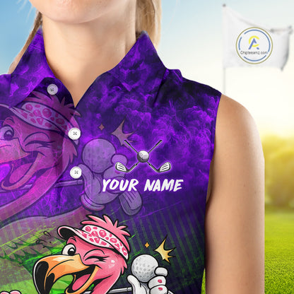 Personalized Flamingo Womens Sleeveless Golf Polo Shirt Custom Name And Team Purple Funny Tropical Golf Outfit NHT1238