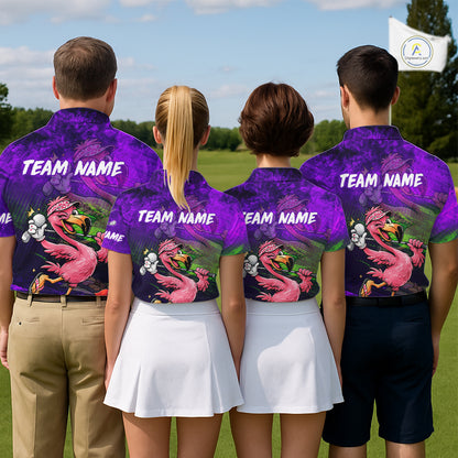 Personalized Flamingo Mens Golf Polo Shirt Custom Name And Team Purple Funny Tropical Golf Outfit NHT1238