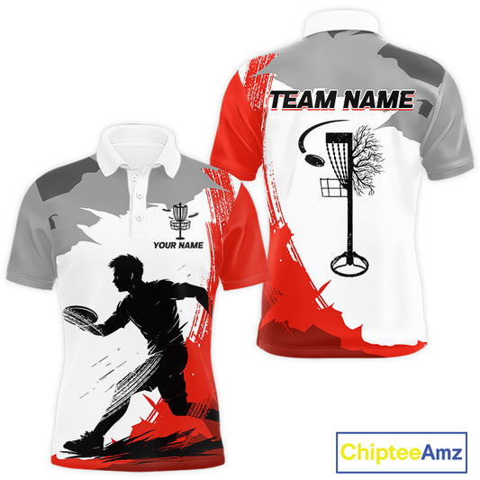 Mens Disc Golf Polo Shirt Custom Name White And Red Disc Golf Basket Golf Shirts Personalized NHN0048