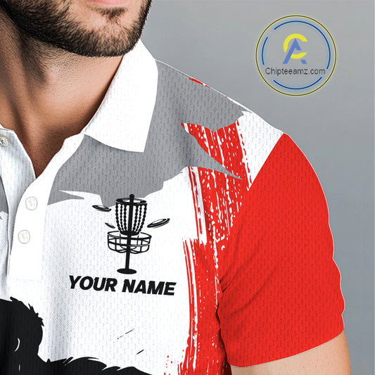 Mens Disc Golf Polo Shirt Custom Name White And Red Disc Golf Basket Golf Shirts Personalized NHN0048