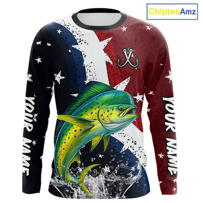 Personalized Texas Flag Mahi Mahi Fishing Shirt Jerseys, Texas Dorado Fishing Shirts Long Sleeve For Men NHT762