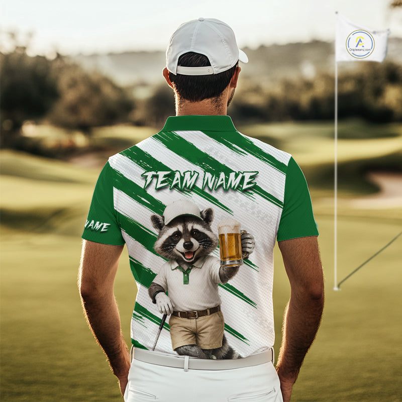 Custom Funny Beer Raccoon Golf Jersey For Mens, Mens Golf Polo Shirt Black Beige Golf Jersey NHT936