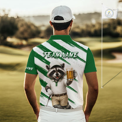 Custom Funny Beer Raccoon Golf Jersey For Mens, Mens Golf Polo Shirt Black Beige Golf Jersey NHT936