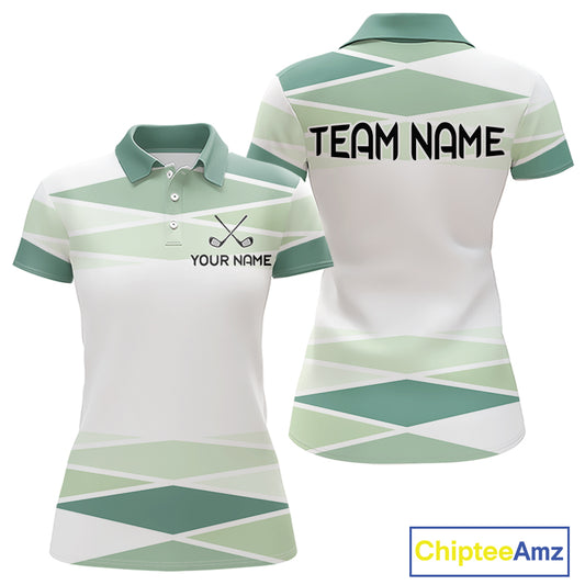 Personalized White Green Geometric Golf Polo Shirt Custom Team Name
