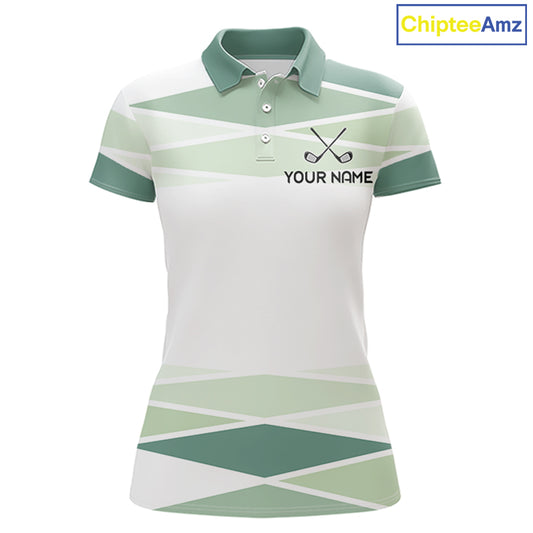 Personalized White Green Geometric Golf Polo Shirt  Custom Team Name