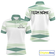 Load image into Gallery viewer, Personalized white green geometric golf polo shirt for men with custom team name