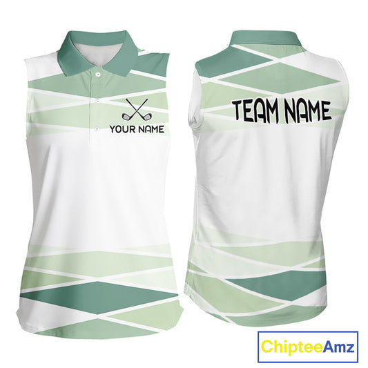 Personalized White Green Geometric Womens Sleeveless Golf Polo Shirt  Custom Team Name