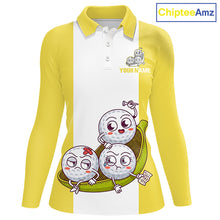 Load image into Gallery viewer, Custom Yellow White Womens Golf Team Polo Shirt, Funny Golf Ball Family Design, Matching Team Outfit NHT790