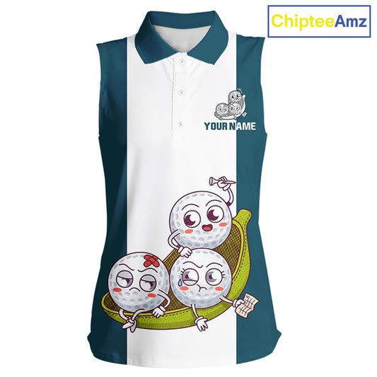 Custom Blue Teal White Sleeveless Womens Golf Team Polo Shirt, Funny Golf Ball Family Design, Matching Team Outfit NHT791