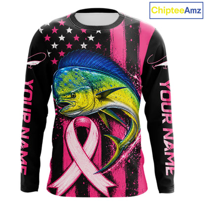 A long-sleeve custom graphic shirt featuring a large yellow and blue mahi-mahi fish, a pink awareness ribbon, and a black-and-white star pattern on a bright pink and black background. The sleeves have 'YOUR NAME' printed vertically in white, and a 'ChipteeAmz' logo appears in the top right corner.