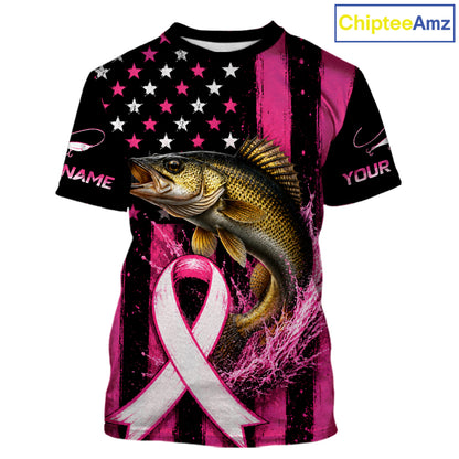 A short-sleeve graphic t-shirt featuring a pink and black American flag design with a large bass fish jumping over a pink-and-white awareness ribbon. The shirt has customizable text placeholders on the sleeves and a visible 'ChipteeAmz' watermark in the top right corner.