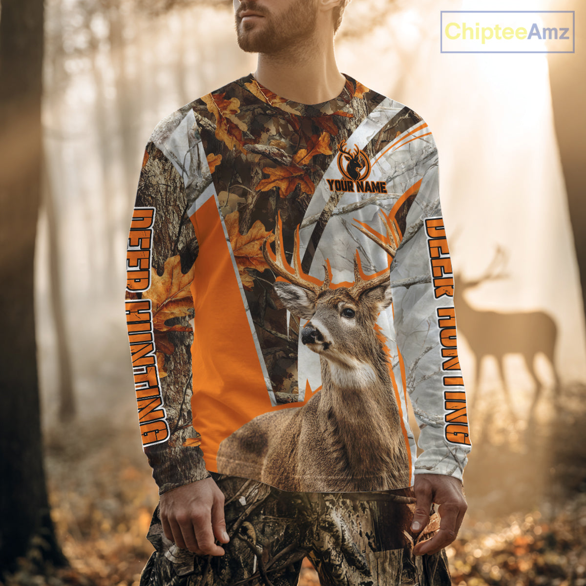 Whitetail Deer Hunting 3D All-Over Print Shirt with Deer Buck, Orange Camo for Deer Hunters NHT249