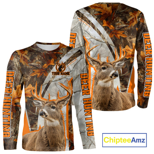 Whitetail Deer Hunting 3D All-Over Print Shirt with Deer Buck, Orange Camo for Deer Hunters NHT249