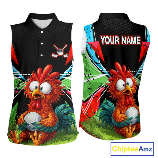 Personalized Crazy Rooster Womens Sleeveless Golf Polo Shirt  Green Abstract Geometric Golf Apparel for Womens