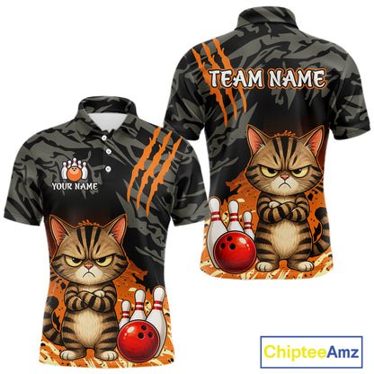 Front and back views of a short-sleeve collared shirt with a dark gray camouflage pattern, featuring a cartoon angry cat, bowling pins, and bowling balls, with customizable text areas on the chest and back.