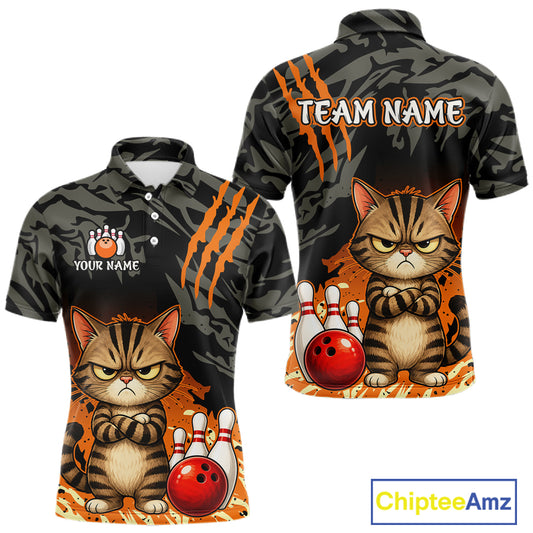 Front and back views of a short-sleeve collared shirt with a dark gray camouflage pattern, featuring a cartoon angry cat, bowling pins, and bowling balls, with customizable text areas on the chest and back.