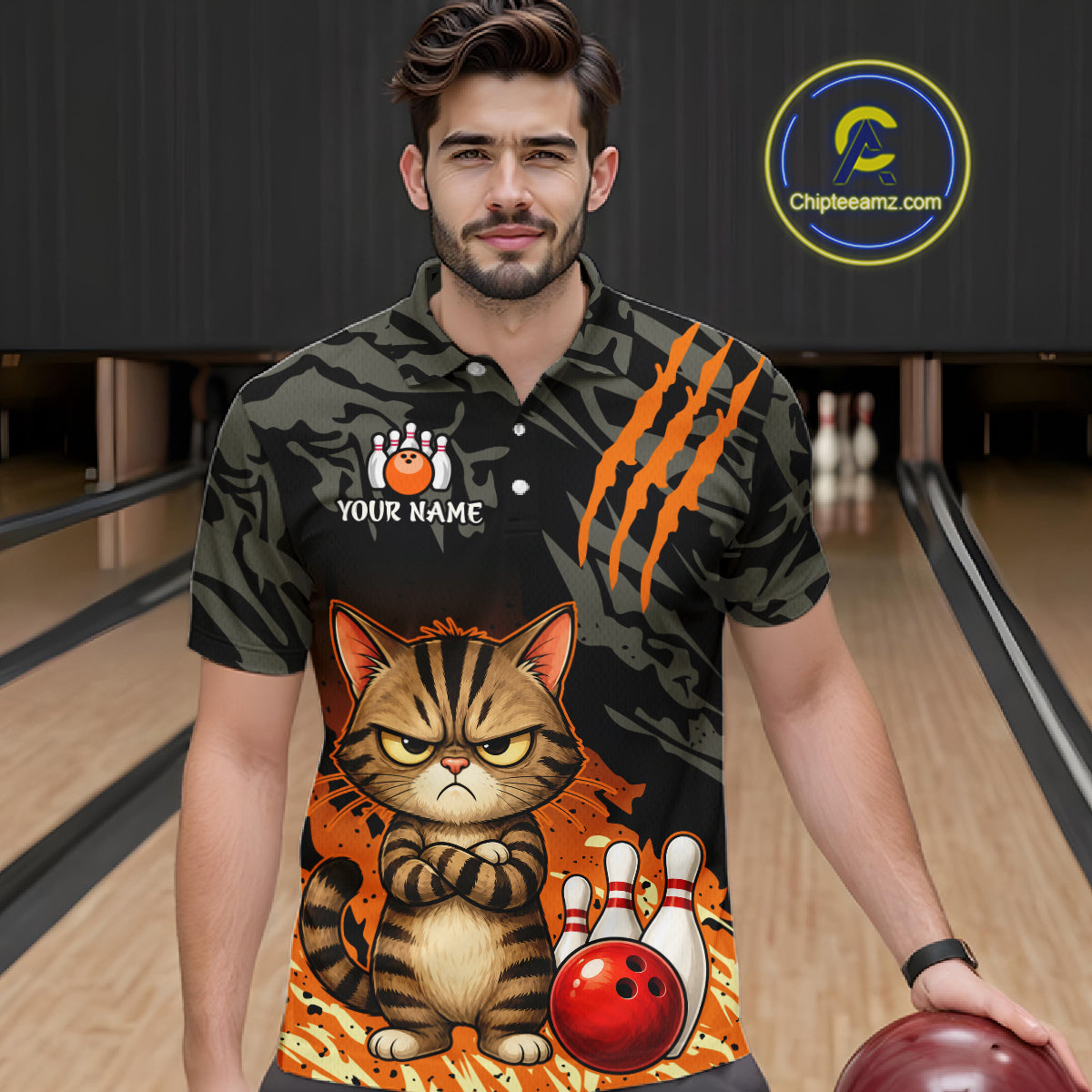 Funny Cat Bowling Shirt Custom Name Black Camo Orange Personalized Team Jersey For Men NHT1265