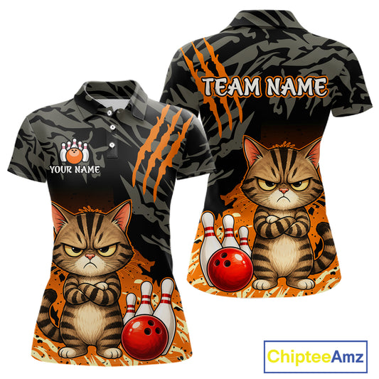 Custom short-sleeve polo shirt shown from the front and back, featuring a cartoon angry cat with bowling balls and pins on an orange and black tiger-stripe pattern background. Includes customizable text areas reading 'YOUR NAME' and 'TEAM NAME'.