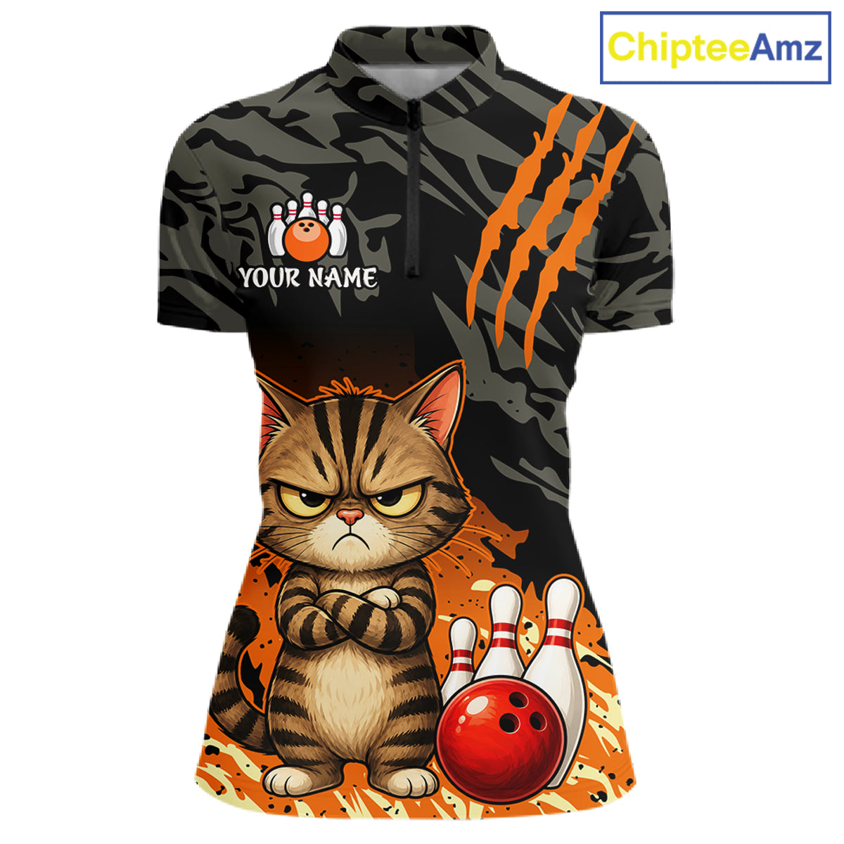 A women's short-sleeve polo shirt with a black and gray camouflage pattern, featuring an orange claw-stripe graphic, a cartoon grumpy cat, bowling pins, and a red bowling ball on the front. The shirt has a mock neck, a half-zip collar, and a customizable name graphic on the left chest.