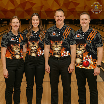 Funny Cat Bowling Shirt Custom Name Black Camo Orange Personalized Team Jersey For Men NHT1265