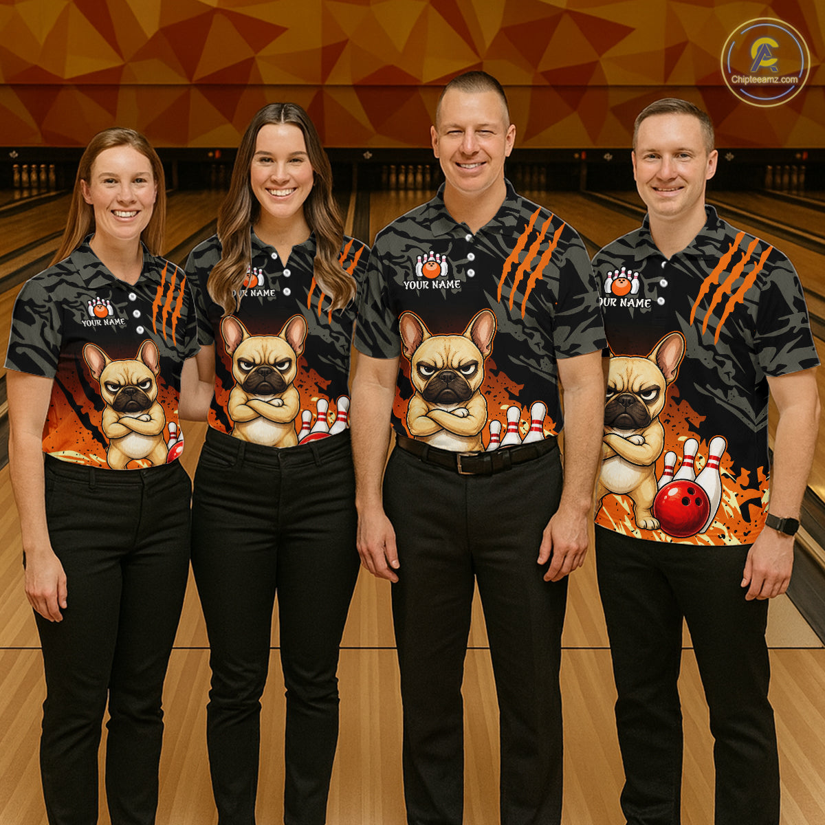 Funny French Bulldog Bowling Shirt Custom Name Black Camo Orange Personalized Team Jersey For Women NHT1266