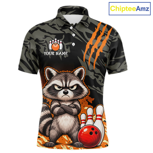 A short-sleeve polo shirt with a dark camouflage pattern, orange claw-like graphics, a cartoon raccoon, bowling pins, and a red bowling ball on the front. The shirt includes a customizable name print area reading 'YOUR NAME' and a visible 'ChipteeAmz' logo in the top right corner.