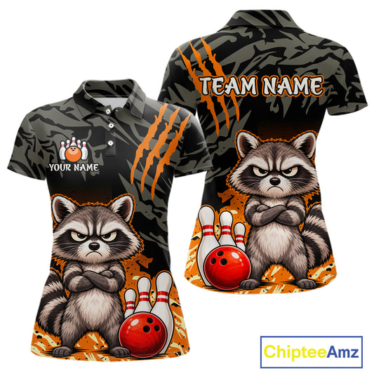 Front and back views of a women's short-sleeve polo shirt featuring a cartoon raccoon with crossed arms, bowling balls, and orange claw marks on a dark camouflage background. The front shows a raccoon graphic, the back shows 'TEAM NAME' text, and there is a 'ChipteeAmz' logo in the bottom right corner.