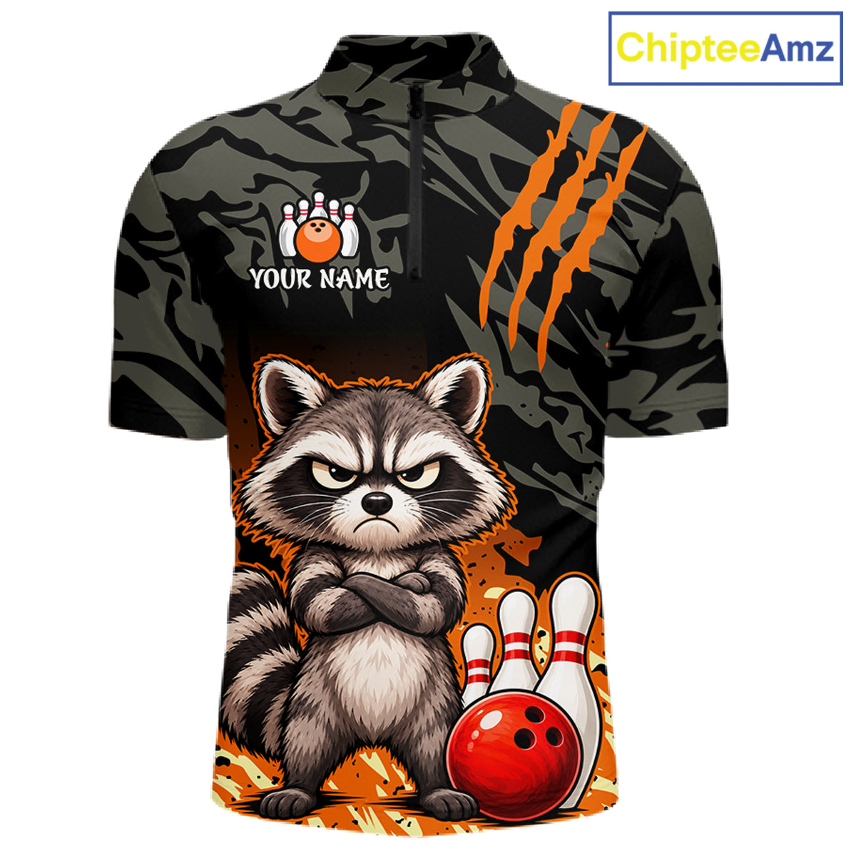 A short-sleeve quarter-zip bowling shirt with a black and dark gray camouflage pattern, featuring a cartoon raccoon with crossed arms next to red bowling pins and a red bowling ball, with orange claw marks on the right side. The left chest has a placeholder graphic with bowling pins and the text 'YOUR NAME'.