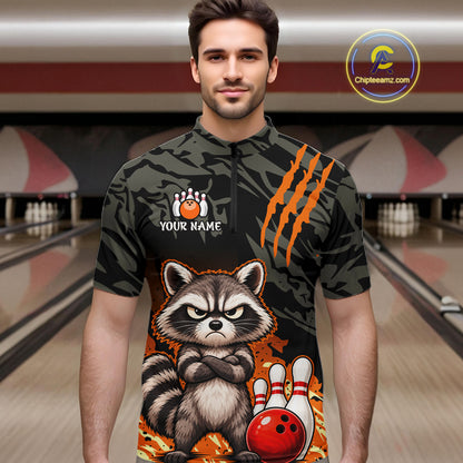Funny Raccoon Bowling Shirt Custom Name Black Camo Orange Personalized Team Jersey For Men NHT1267