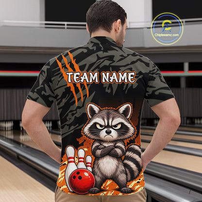 Funny Raccoon Bowling Shirt Custom Name Black Camo Orange Personalized Team Jersey For Men NHT1267
