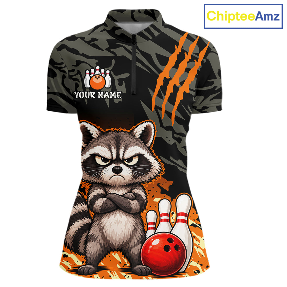 A women's short-sleeve polo shirt with a dark camouflage pattern, orange claw-stripe graphics, and a large cartoon raccoon holding a bowling ball and pins on the front. The shirt includes a placeholder bowling graphic and the text 'YOUR NAME' on the chest.