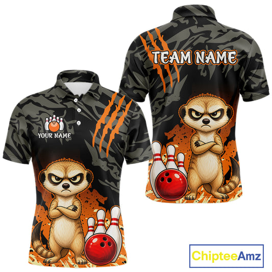 Front and back views of a short-sleeve collared polo shirt with a dark camouflage pattern, orange claw marks, cartoon meerkats, bowling pins, and bowling balls, plus customizable text areas reading TEAM NAME and YOUR NAME. A ChipteeAmz logo appears in the bottom right corner.