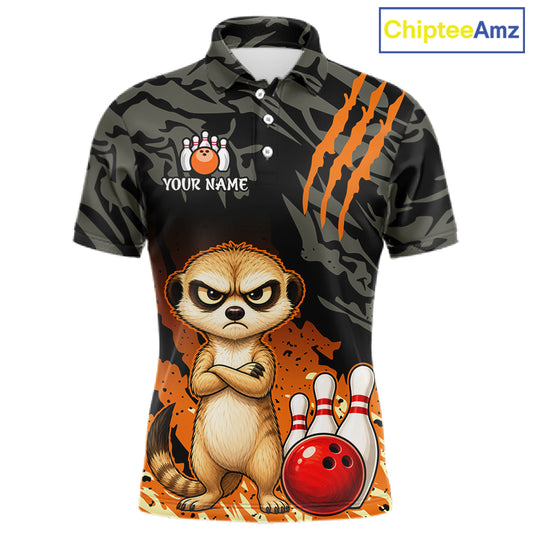 A short-sleeve polo shirt with a dark camouflage pattern, featuring a cartoon meerkat, bowling pins, a red bowling ball, and orange claw marks. The shirt includes a customizable name graphic on the left chest.