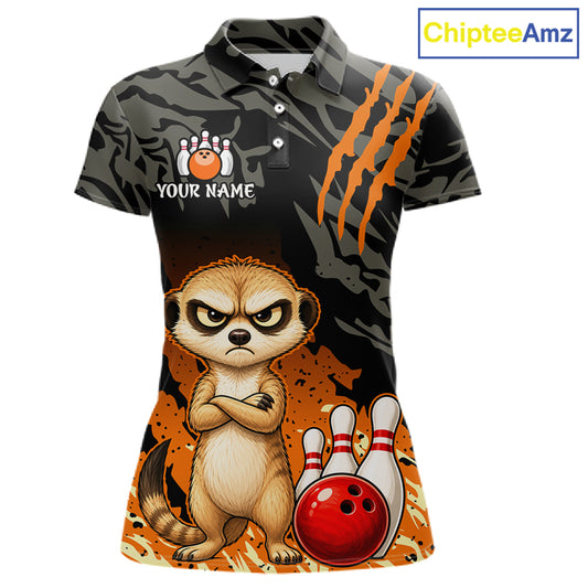 A women's short-sleeve polo shirt with a black and gray camouflage pattern, featuring a cartoon meerkat, bowling pins, and a red bowling ball on the front, with 'YOUR NAME' and a paw print graphic on the left chest. The shirt is displayed on a white background with a 'ChipteeAmz' logo in the top right corner.