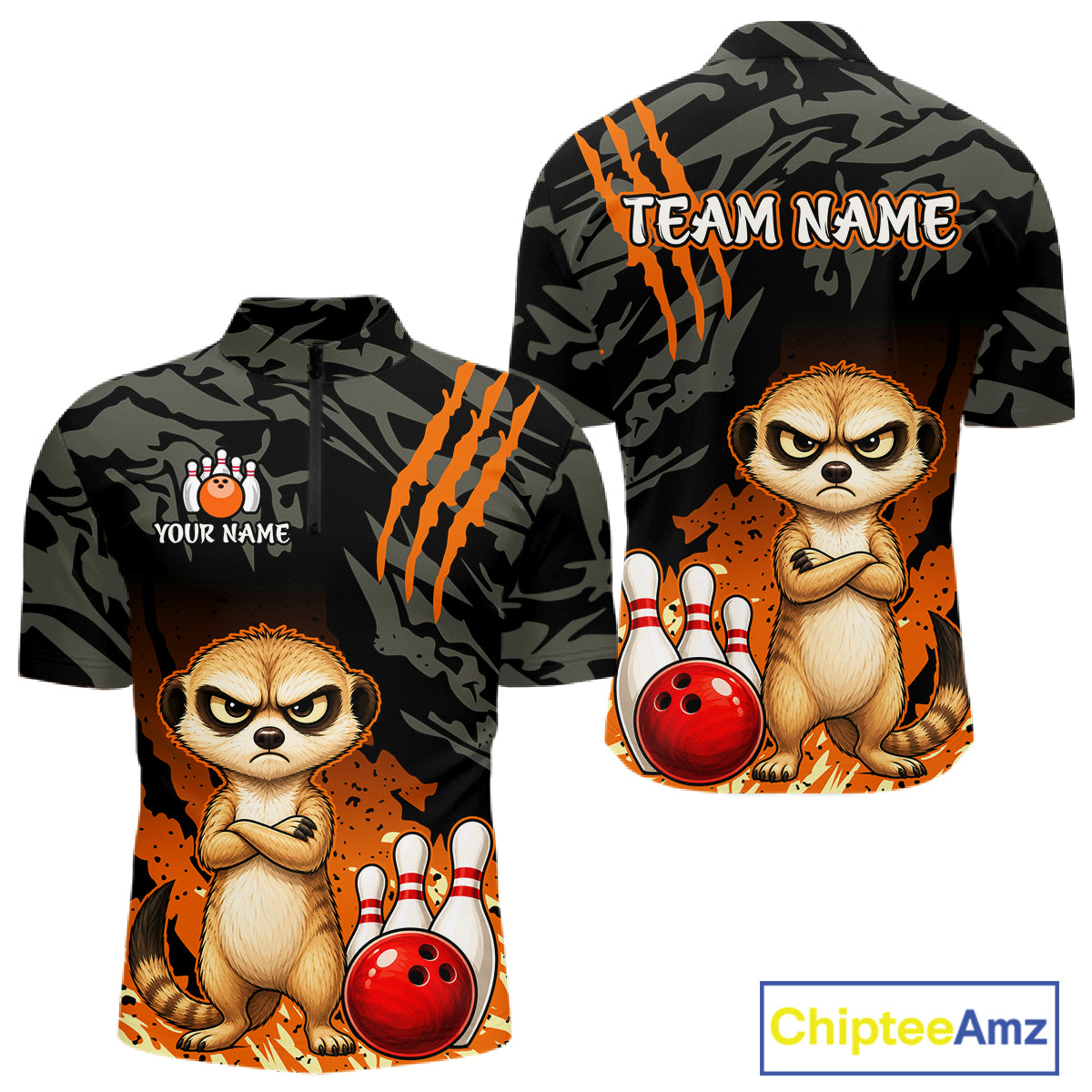 Front and back views of a short-sleeve bowling-themed t-shirt on a white background. The shirt features a black and gray camouflage pattern with orange claw marks, a cartoon meerkat next to a red bowling ball and bowling pins, and customizable text areas reading 'TEAM NAME' and 'YOUR NAME'.